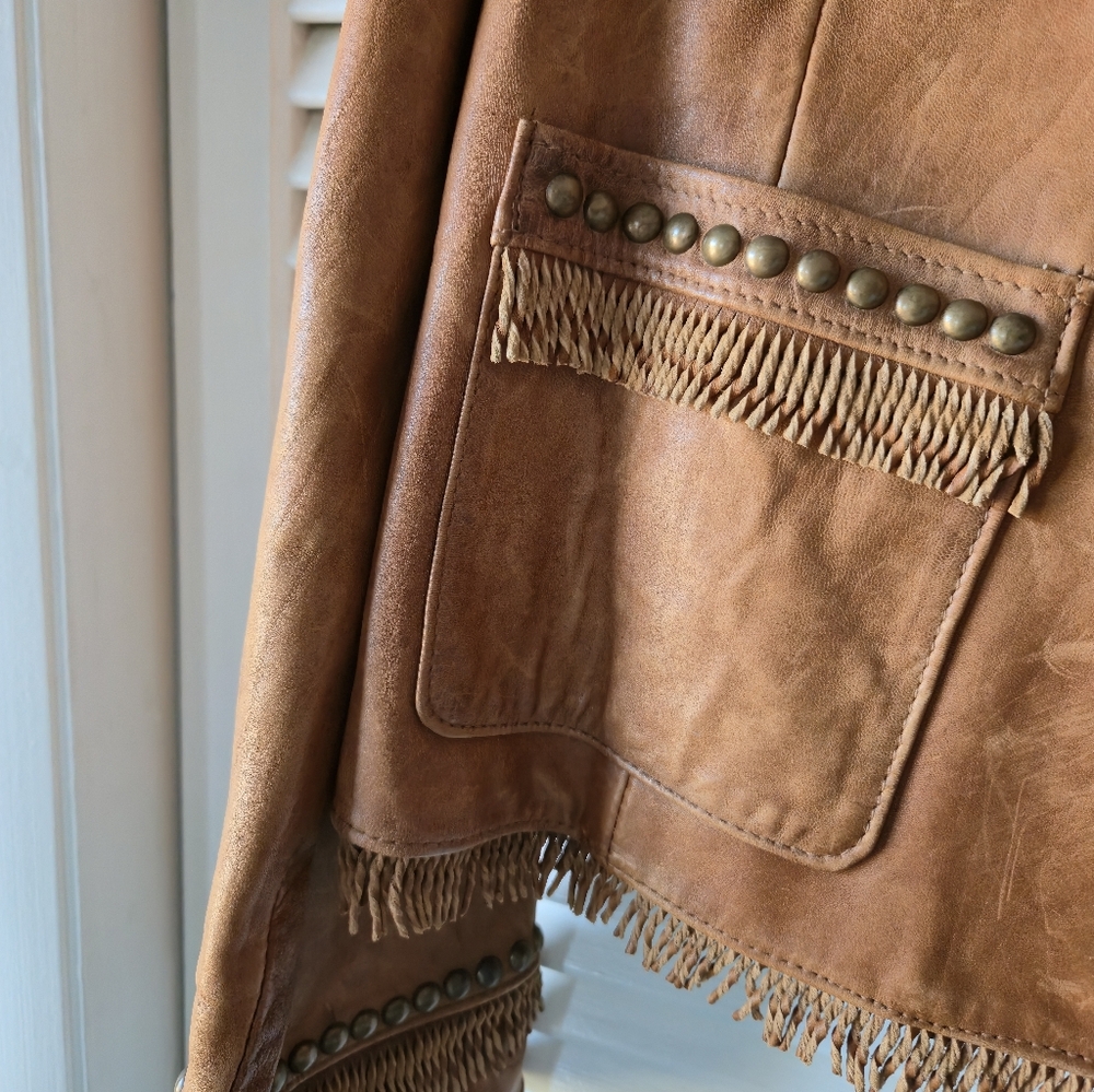 Double D Ranch Yoakum Texas Tan Leather Jacket with Fringe - Picture 2 of 5
